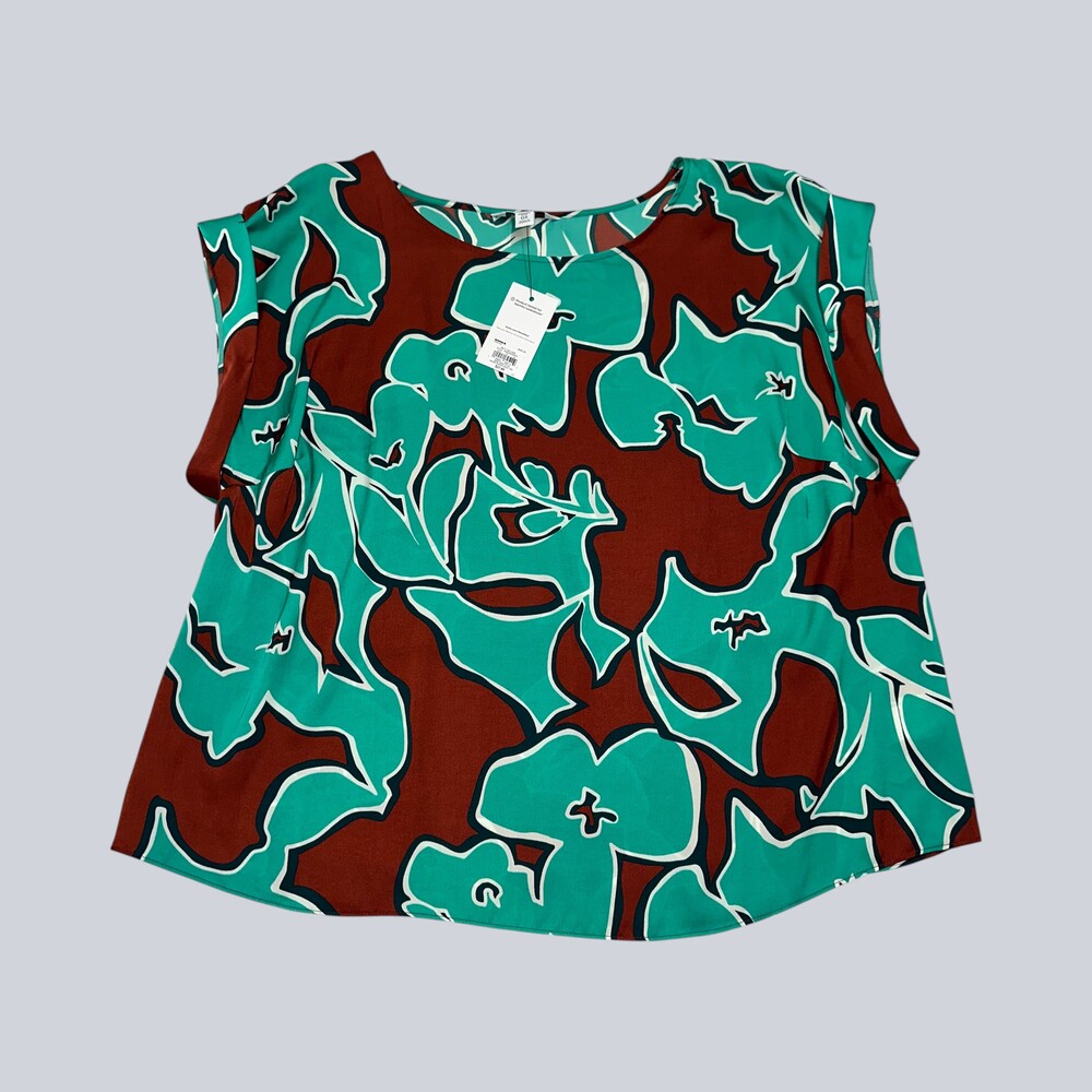 Nine West Women's Plus 0X Short Sleeve Silky Tee Floral Pattern Teal Brown